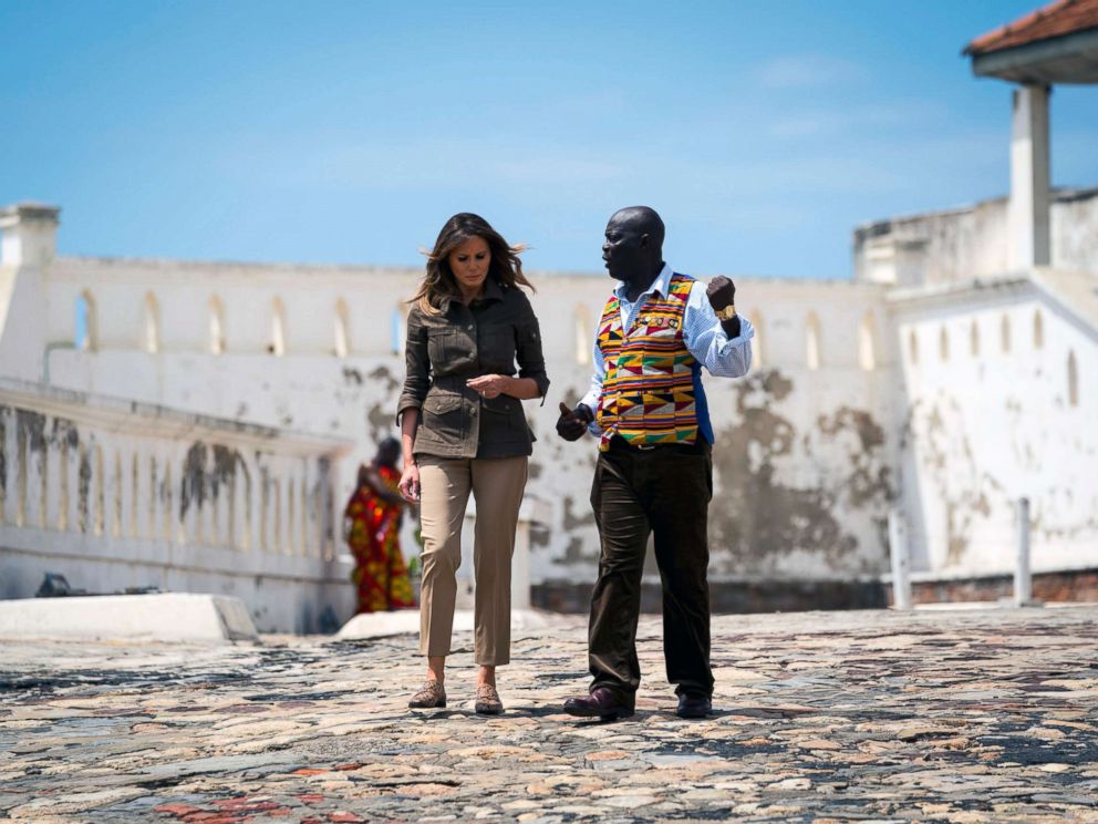 PHOTO: Accompanied by Kwesi Essel-Blankson, museum educator, First Lady Melania Trump visits Cape Coast Castle in Cape Coast, Ghana, one of dozens of centers of the transatlantic slave trade on 3 October 2018, during his trip to four African countries.