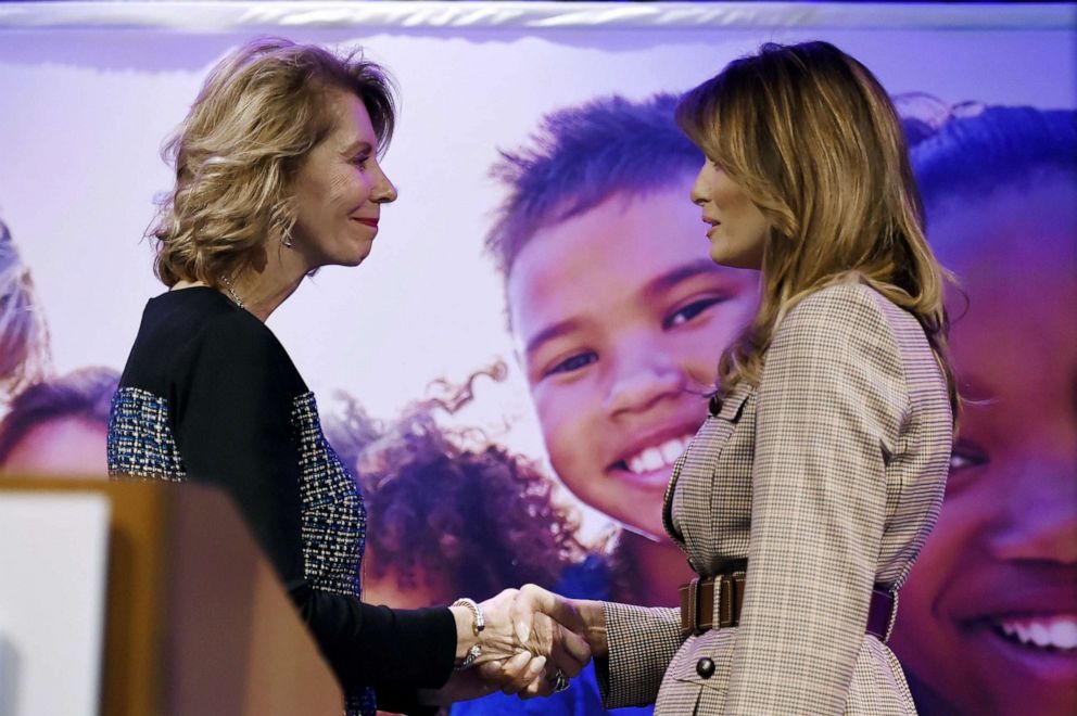 PHOTO: National PTA's president, Leslie Boggs welcomes First Lady Melania Trump onstage at the 2020  National Parent Teacher Association (PTA)  Legislative Conference at the Westin Alexandria Old Town, March 10, 2020, in Alexandria, Va. 
