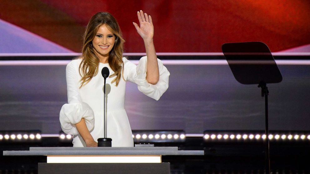 PHOTO: Melania Trump, wife of presumptive Republican presidential candidate Donald Trump, addresses delegates on the first day of the Republican National Convention, July 18, 2016, in Cleveland.