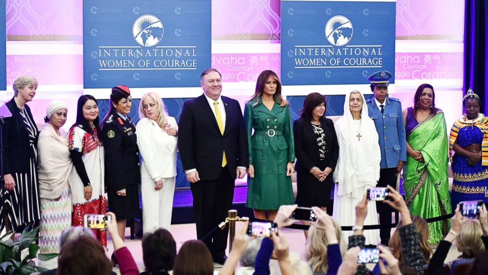 PHOTO: U.S. Secretary of State Mike Pompeo and First Lady Melania Trump pose with recipients of the 2019 International Women of Courage awards during a ceremony in Washington, D.C., March 7, 2019. 