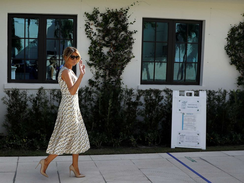 PHOTO: First lady Melania Trump arrives to cast her vote during the 2020 presidential election at Morton and Barbara Mandel Recreation Center in Palm Beach, Fla., Nov. 3, 2020.