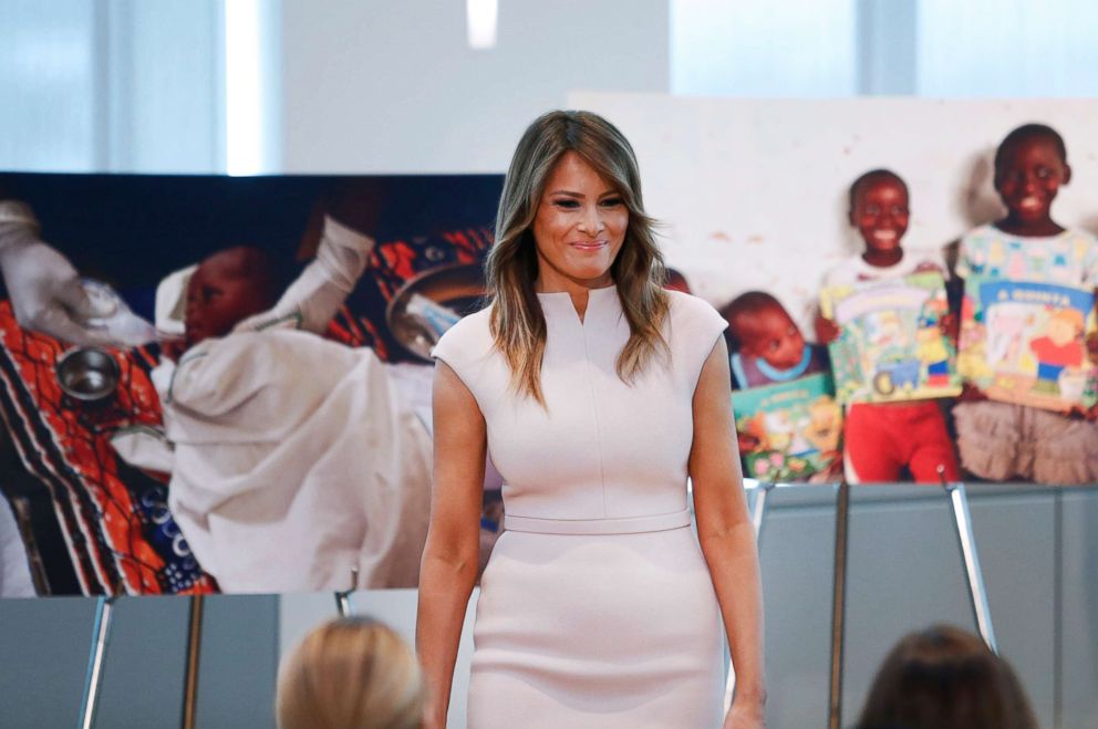 PHOTO: First lady Melania Trump leaves the podium after speaking during a reception at the United States Mission to the United Nations in New York City, Sept. 26, 2018.