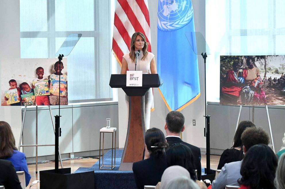 PHOTO: First lady Melania Trump hosts a reception in honor of United Nations General Assembly attendees at the U.S mission to the United Nations in New York City, Sept. 26, 2018.