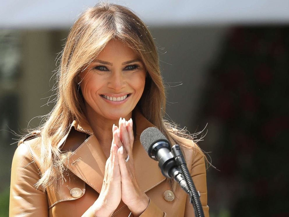 PHOTO: First lady Melania Trump speaks in the Rose Garden of the White House May 7, 2018 in Washington, DC. Trump outlined her new initiatives, known as the Be Best program, during the event. 