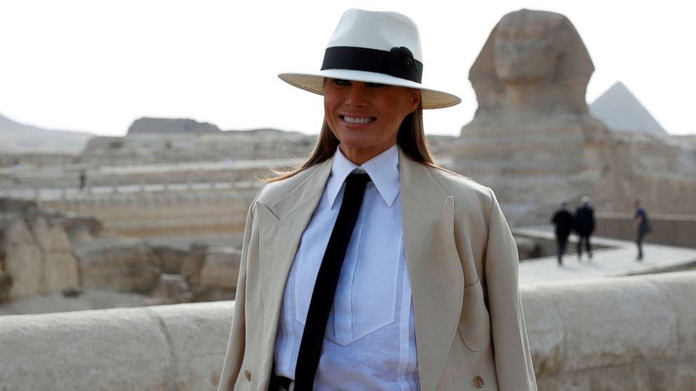 PHOTO: First lady Melania Trump stands in front of the Sphinx as she visits the Pyramids in Cairo, Egypt, Oct. 6, 2018.