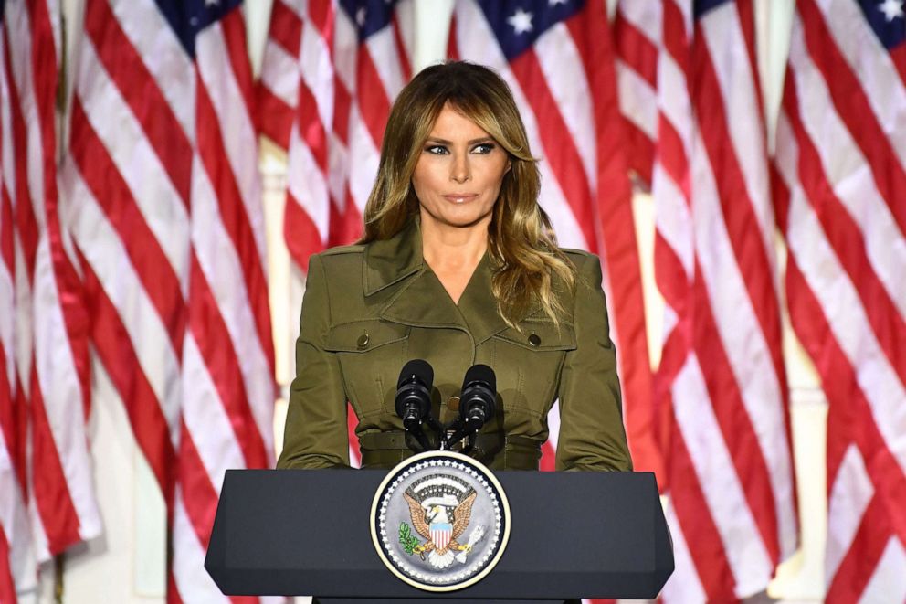 PHOTO: First lady Melania Trump addresses the Republican Convention during its second day from the Rose Garden of the White House, Aug. 25, 2020.