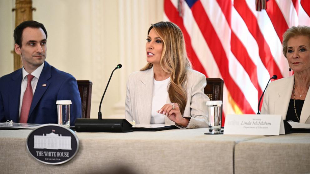 PHOTO: First Lady Melania Trump speaks during a meeting of the White House Task Force on artificial intelligence education in the East Room of the White House in Washington, D.C., on Sept. 4, 2025.