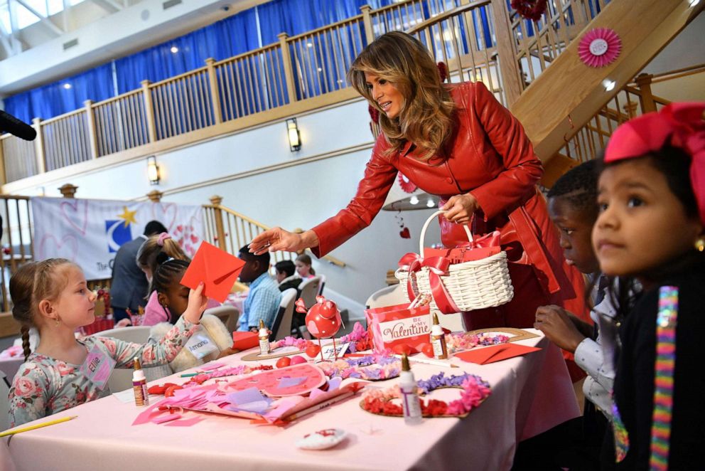PHOTO: First lady Melania Trump exchanges valentines for Valentine's Day as she visits with children at the Children's Inn at NIH in Bethesda, Md., Feb., 14, 2020.