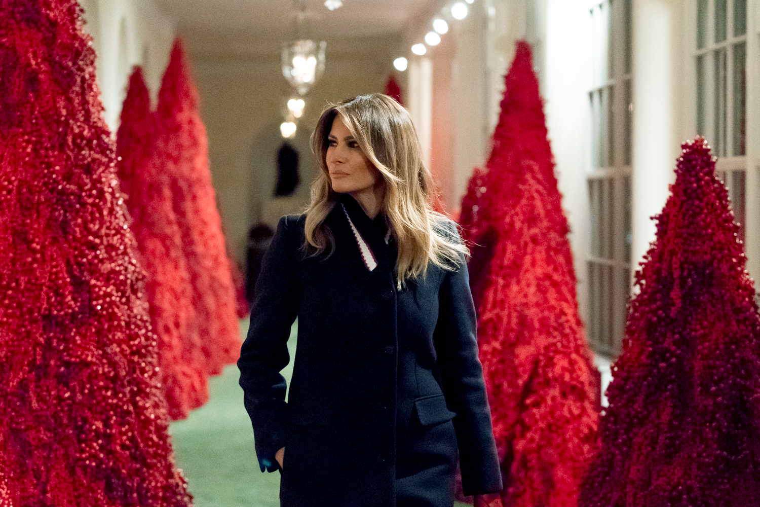 PHOTO: First lady Melania Trump reviews the Christmas decorations in the East Colonnade of the White House, Nov. 25, 2018.