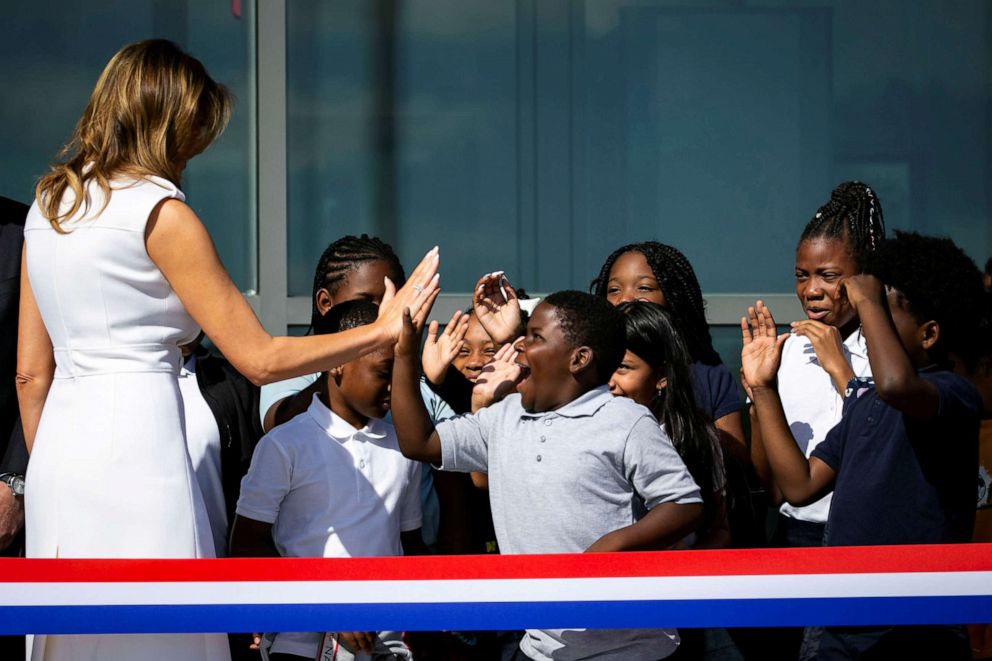 PHOTO: First lady Melania Trump greets fourth-graders during a ribbon cutting and ceremonial ride to the top, to celebrate the re-opening of the Washington Monument in Washington, Sept. 19, 2019.