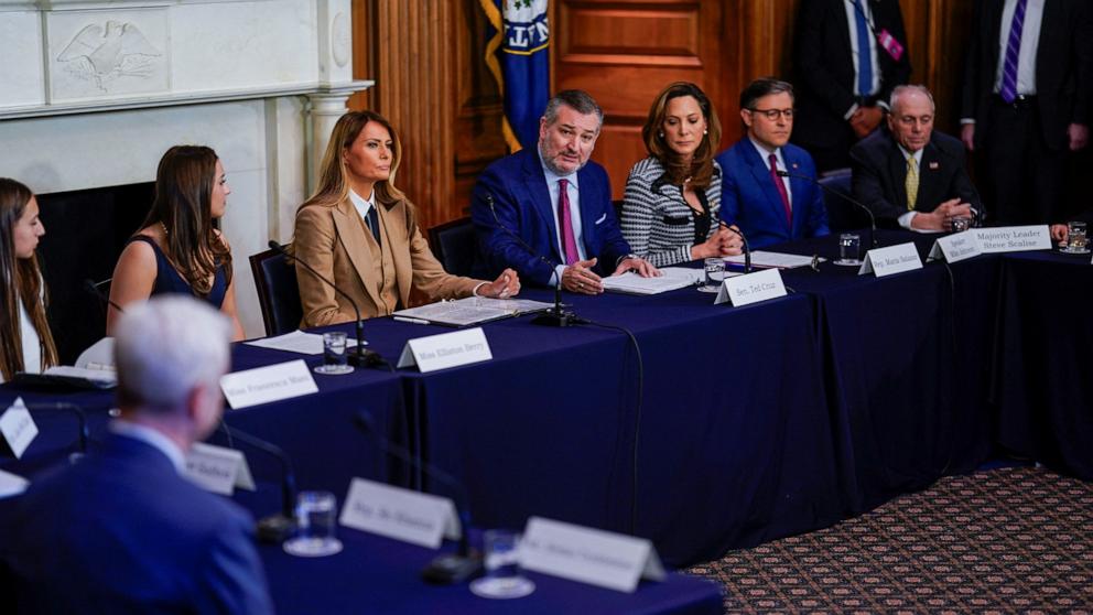 PHOTO: First lady Melania Trump, Senator Ted Cruz, Elliston Berry and other officials attend a roundtable discussion on the "Take it Down Act," a legislation against revenge porn, on Capitol Hill in Washington, D.C., March 3, 2025.
