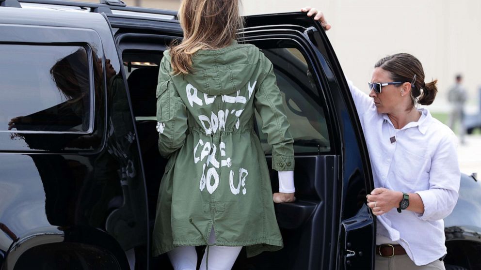 PHOTO: First lady Melania Trump returns from traveling to Texas to visit facilities that care for children taken from their parents at the U.S.-Mexico border on June 21, 2018. Her jacket has the words “I REALLY DON’T CARE, DO U?” printed on the back.