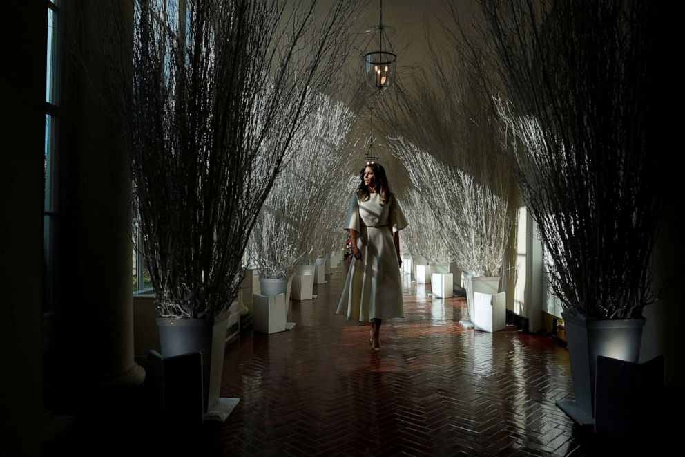 PHOTO: First Lady Melania Trump tours the holiday decorations with reporters at the White House on Nov. 27, 2017.