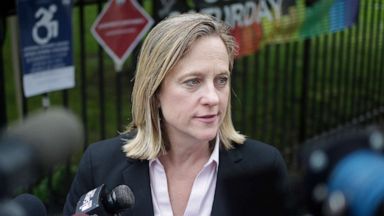 PHOTO: Queens Borough President and candidate for district attorney Melinda Katz talks to reporters after voting in the Queens borough of New York, June 25, 2019.