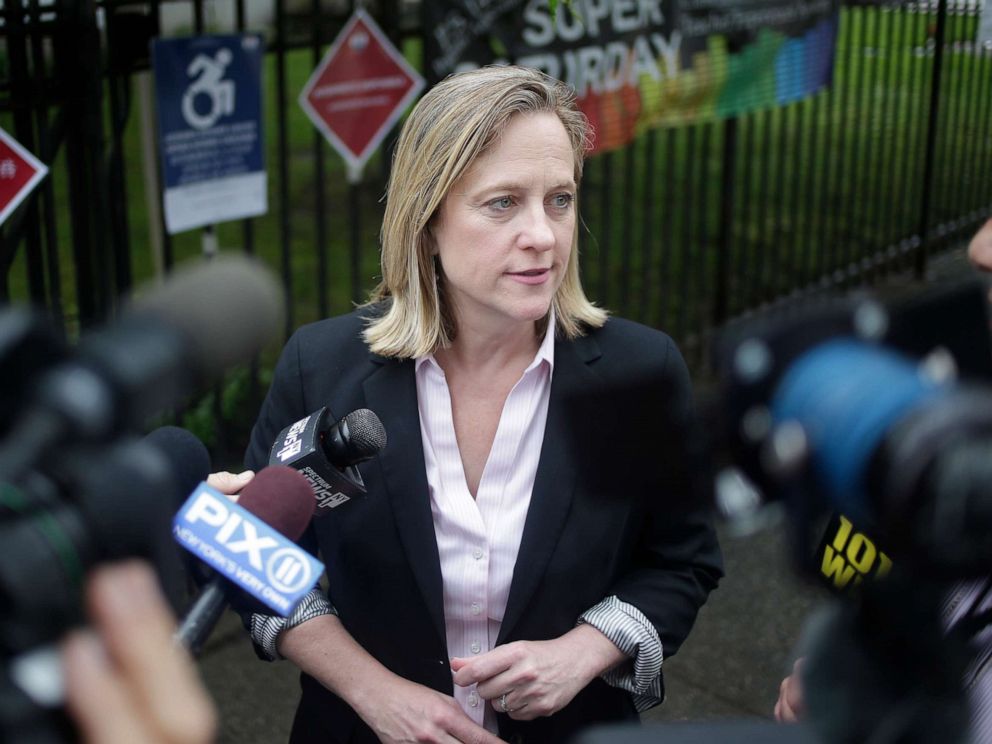 PHOTO: Queens Borough President and candidate for district attorney Melinda Katz talks to reporters after voting in the Queens borough of New York, June 25, 2019.