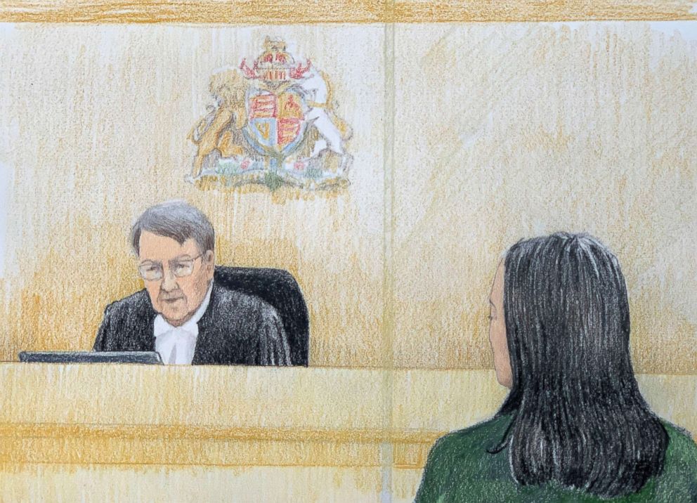 PHOTO: This courtroom sketch by Jane Wolsak and released to AFP by the artist shows Meng Wanzhou (R), Huawei's chief financial officer, listening in the courtroom in Vancouver, British Columbia, Dec. 11, 2018.