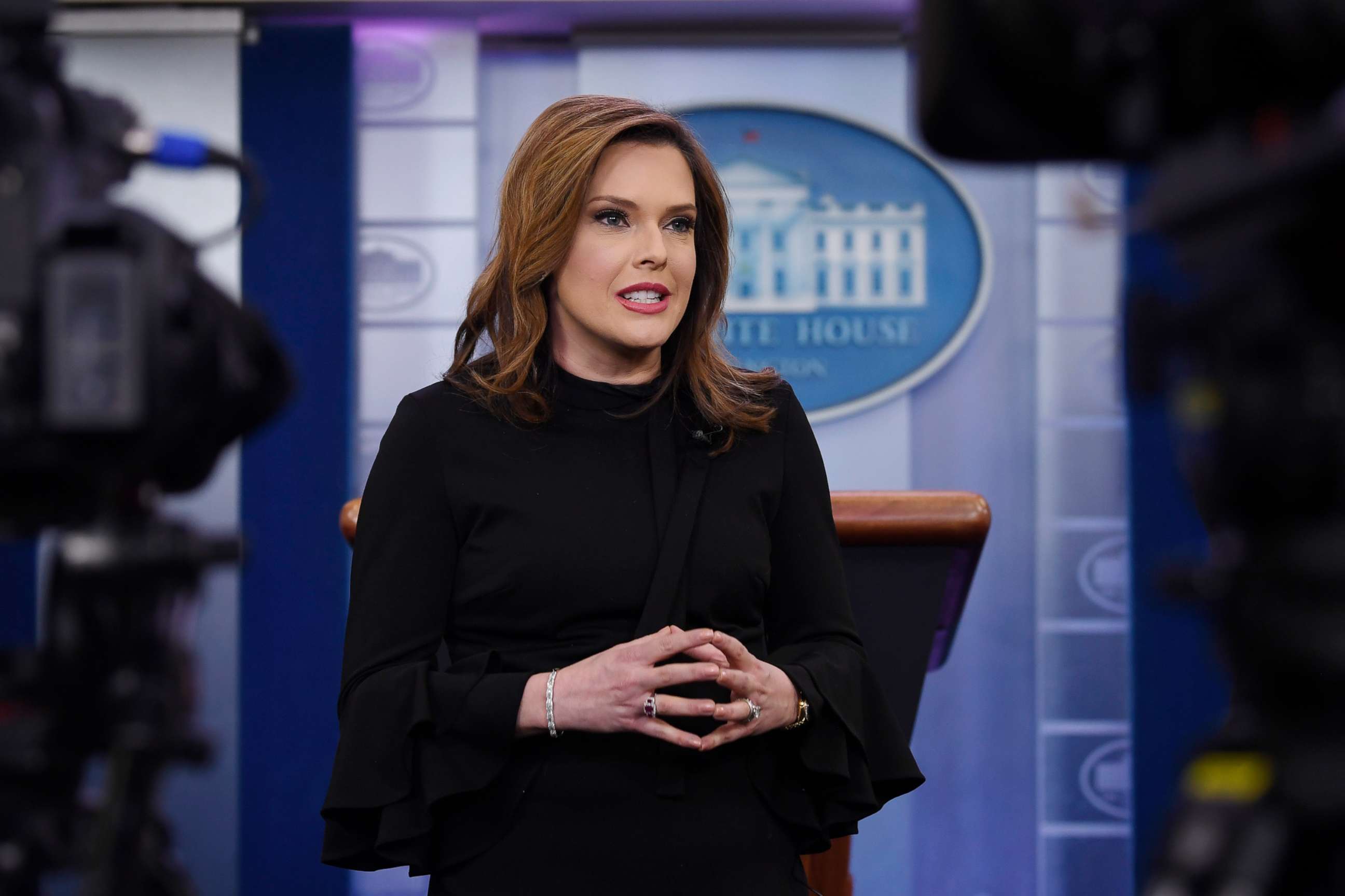 PHOTO: Communications adviser Mercedes Schlapp conducts an interview in the press briefing at the White House in Washington, Jan. 29, 2019.