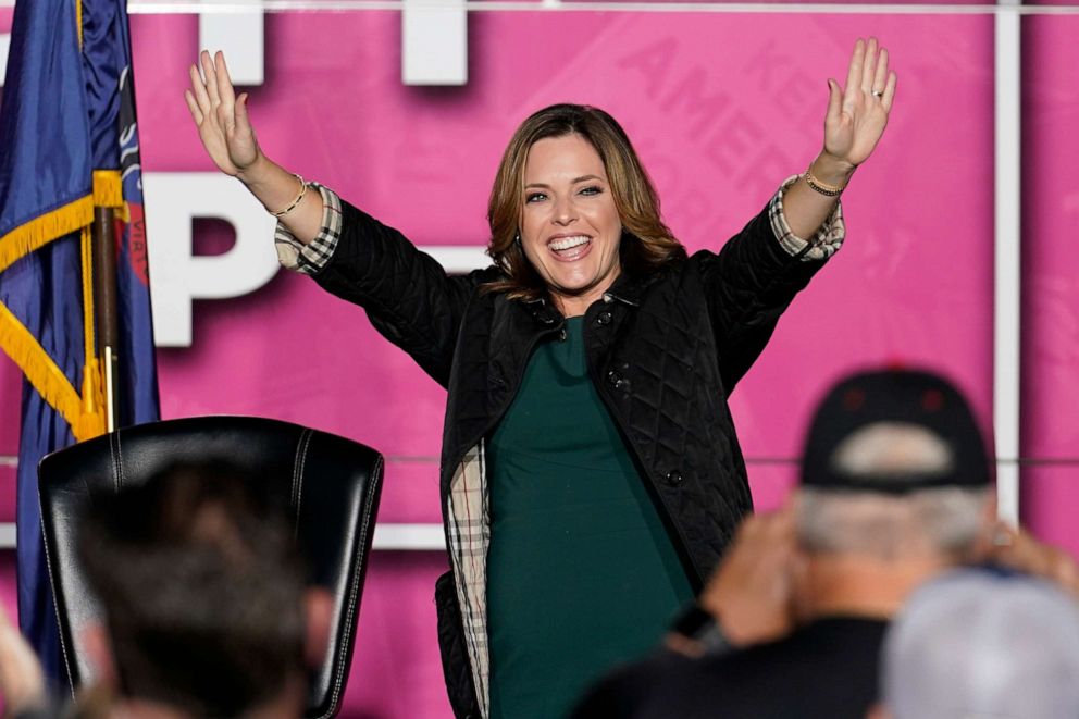 PHOTO: Mercedes Schlapp waves as she arrives on a Women for Trump Bus Tour campaign event, Oct. 8, 2020, in New Castle, Pa.