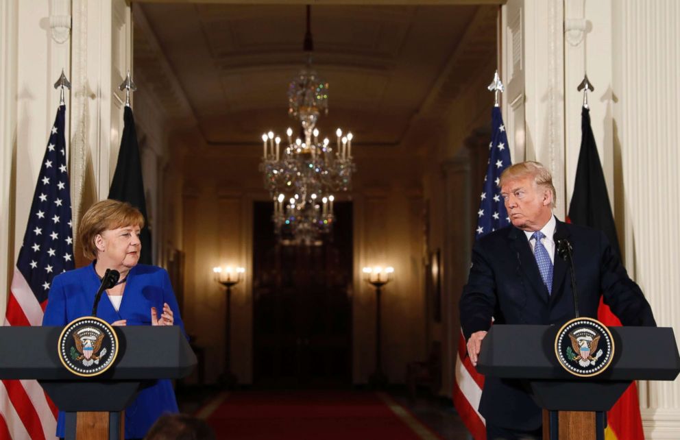 PHOTO: Germany's Chancellor Angela Merkel and President Donald Trump hold a joint news conference in the East Room of the White House, April 27, 2018. 