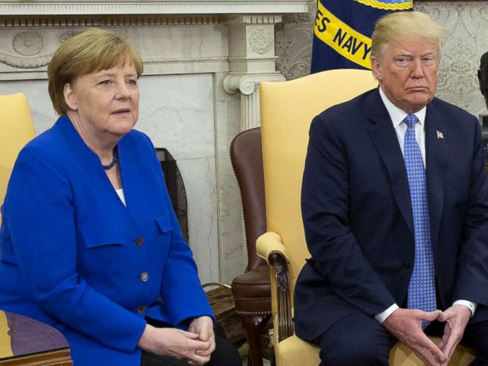 Chancellor Angela Merkel of Germany and President Donald Trump meet in the Oval Office of the White House, April 27, 2018.