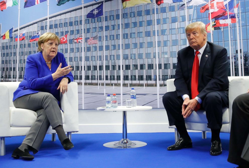 PHOTO: President Donald Trump and German Chancellor Angela Merkel hold a bilateral meeting, July 11, 2018 in Brussels, Belgium during the NATO summit.