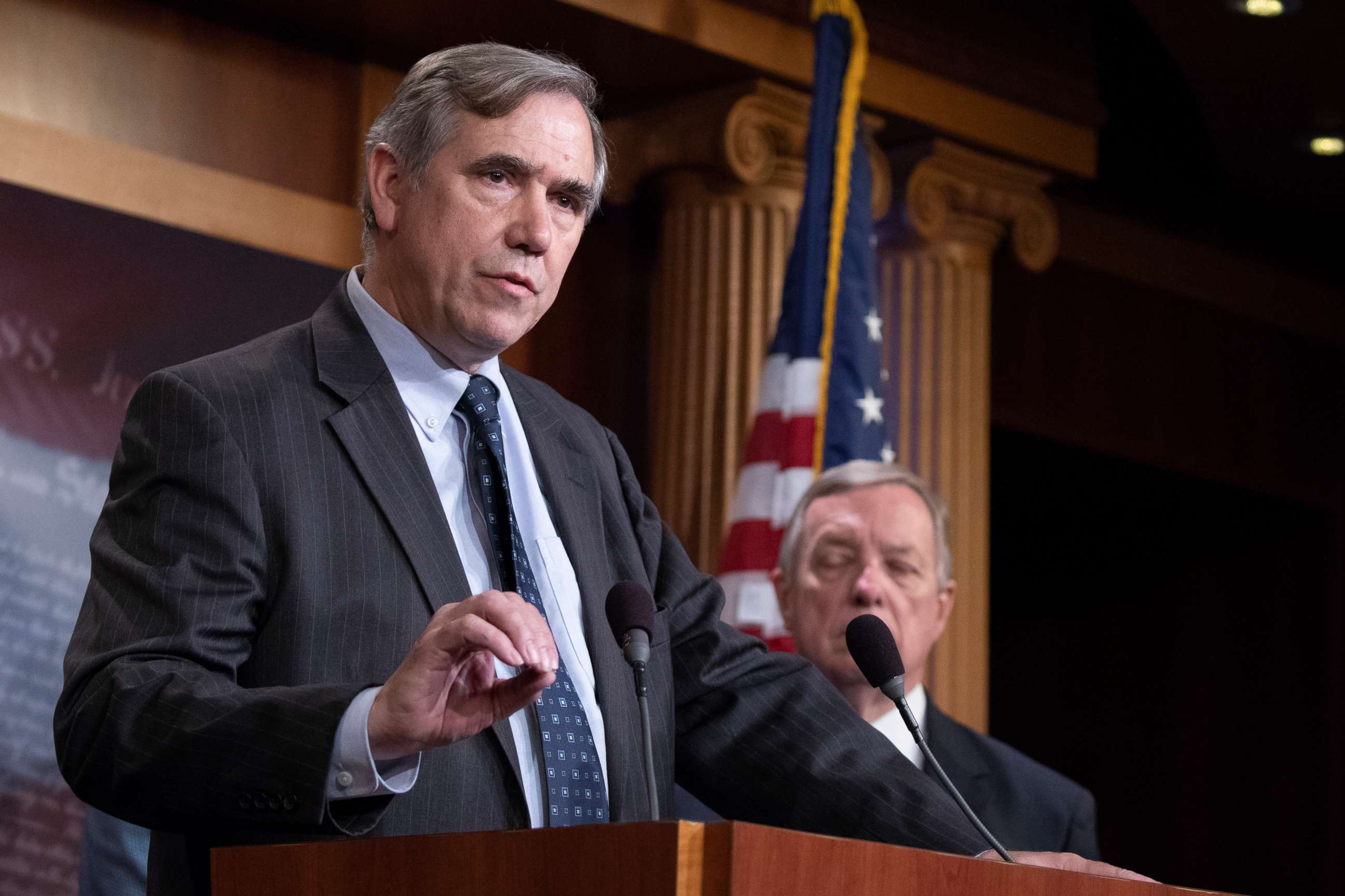 PHOTO: Senator Jeff Merkley, Democrat of Oregon, speaks during a press conference held by Senate Democrats demanding an end to parent child separations on the Southern United States Border by the Federal Government on Capitol Hill in Washington.