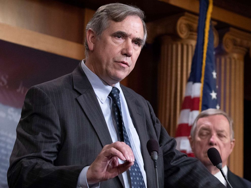 PHOTO: Senator Jeff Merkley, Democrat of Oregon, speaks during a press conference held by Senate Democrats demanding an end to parent child separations on the Southern United States Border by the Federal Government on Capitol Hill in Washington.
