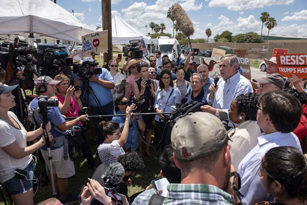 PHOTO: Senator Jeff Merkley speaks to members of the media outside a U.S. Border Patrol processing center in McAllen, Texas, U.S., on Sunday, June 17, 2018.