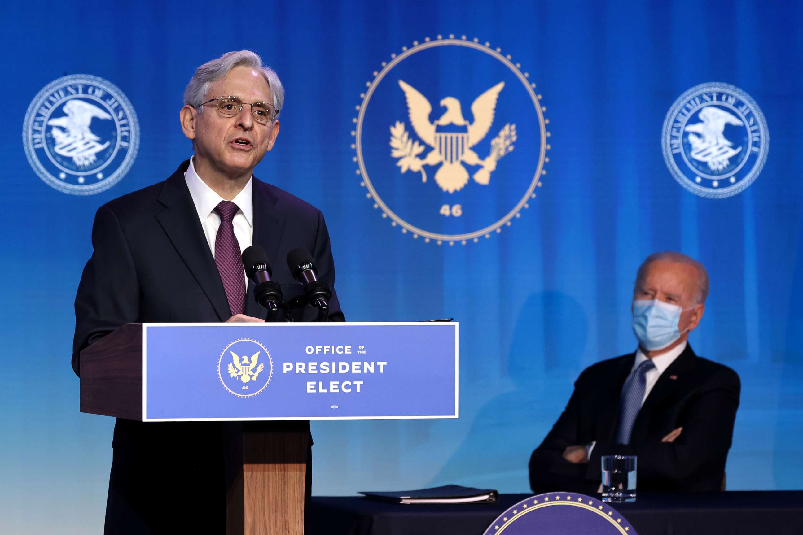 PHOTO: Federal Judge Merrick Garland delivers remarks after being nominated to be U.S. attorney general by President Joe Biden at The Queen theater Jan. 7, 2021, in Wilmington, Delaware.