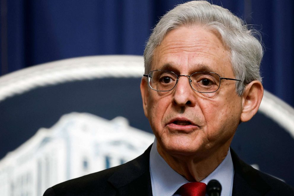 PHOTO: Attorney General Merrick Garland speaks at a news conference at the U.S. Department of Justice, May 02, 2023 in Washington, DC.