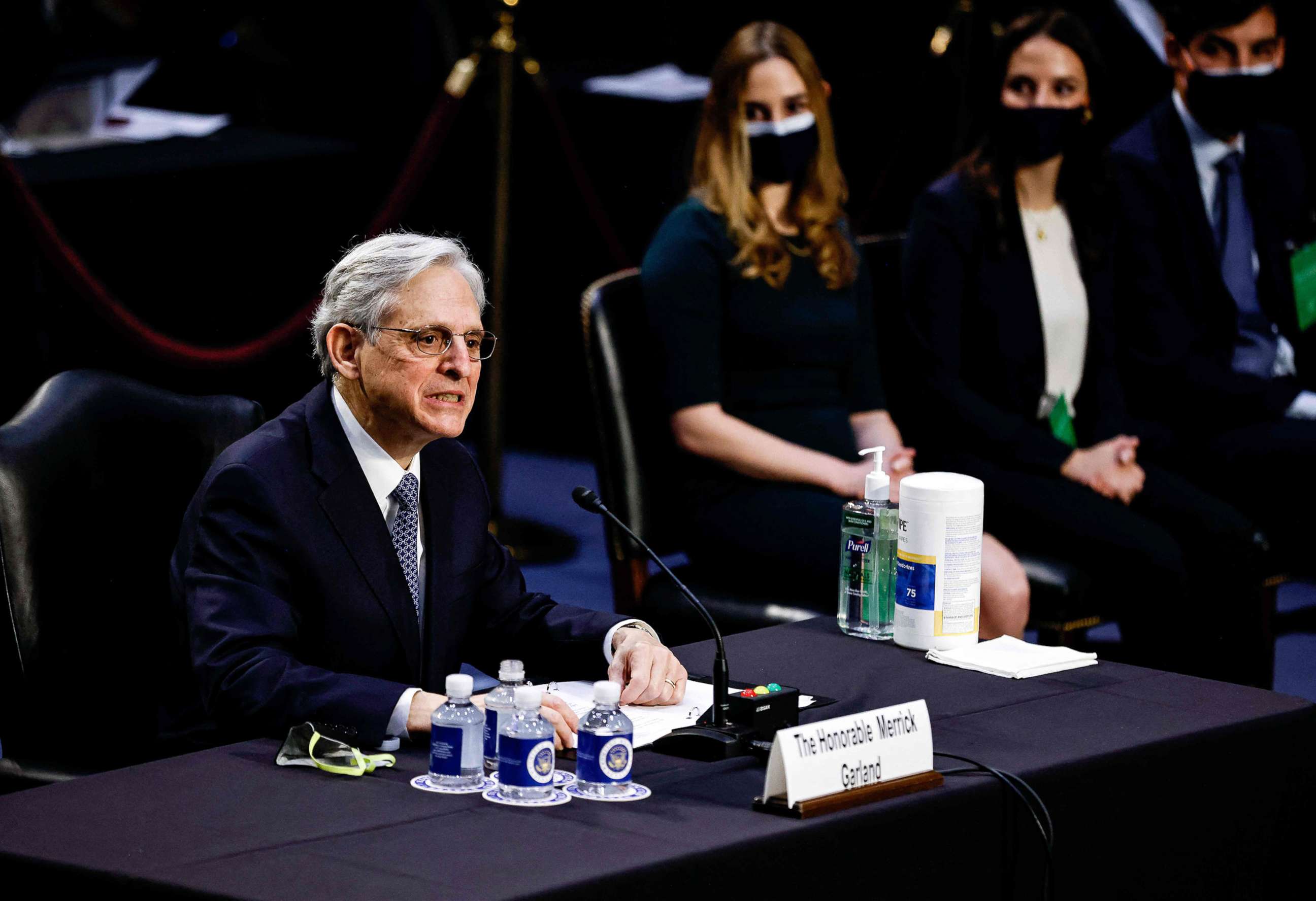 PHOTO: Judge Merrick Garland delivers a statement, as his family watches, before a Senate Judiciary Committee hearing on his nomination to be Attorney General on Capitol Hill in Washington, D.C., Feb. 22, 2021.