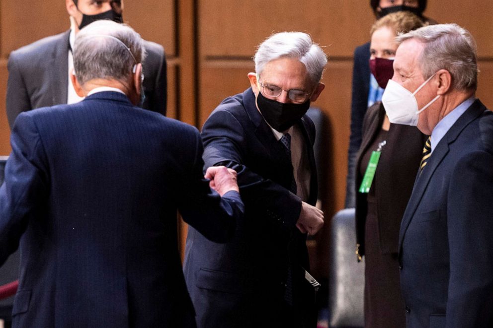 PHOTO:Judge Merrick Garland, center, nominee to be Attorney General, speaks with ranking member Sen. Chuck Grassley, left, and committee chairman Sen. Richard Durbin, as he arrives for his confirmation hearing, Feb. 22, 2021 on Capitol Hill in Washington.