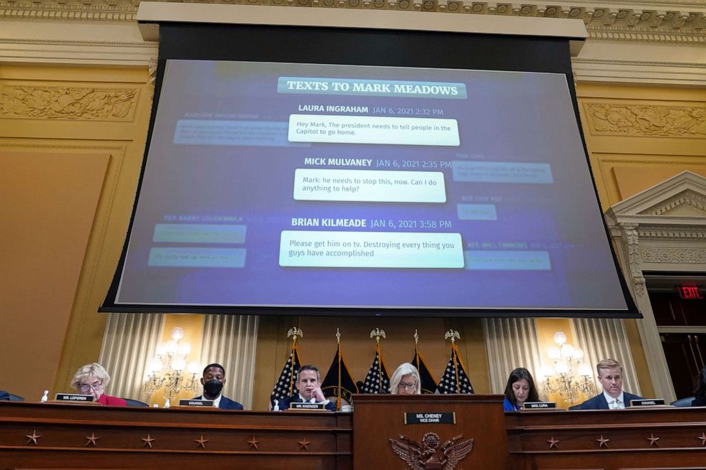 PHOTO: Text messages to White House chief of staff Mark Meadows from Laura Ingraham, Mick Mulvaney and Brian Kilmeade are displayed during the hearing of the House select committee investigating the Jan. 6 attack, July 21, 2022, in Washington, D.C.