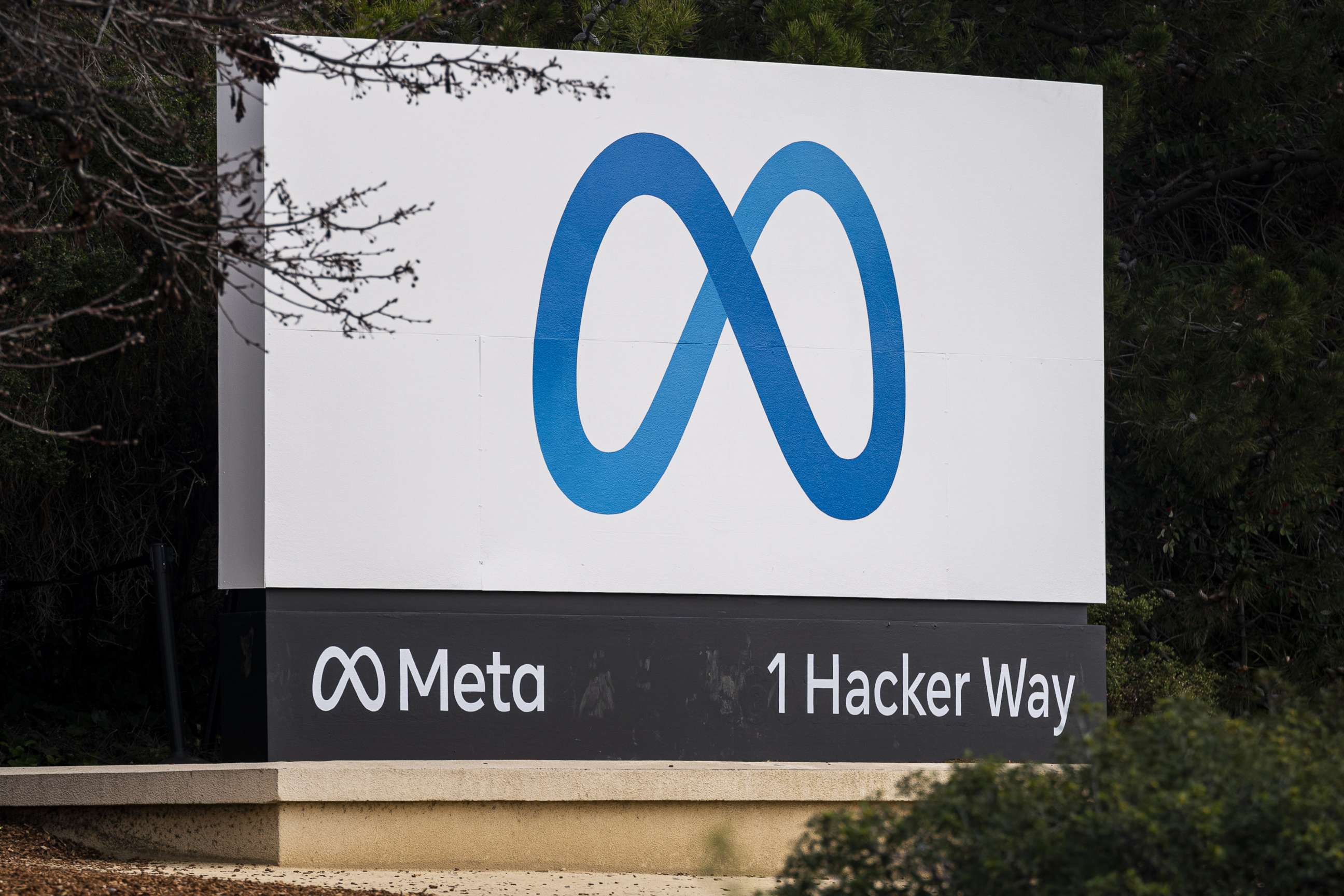 PHOTO: In this Jan. 31, 2022, file photo, signage is shown in front of Meta Platforms headquarters in Menlo Park, Calif.