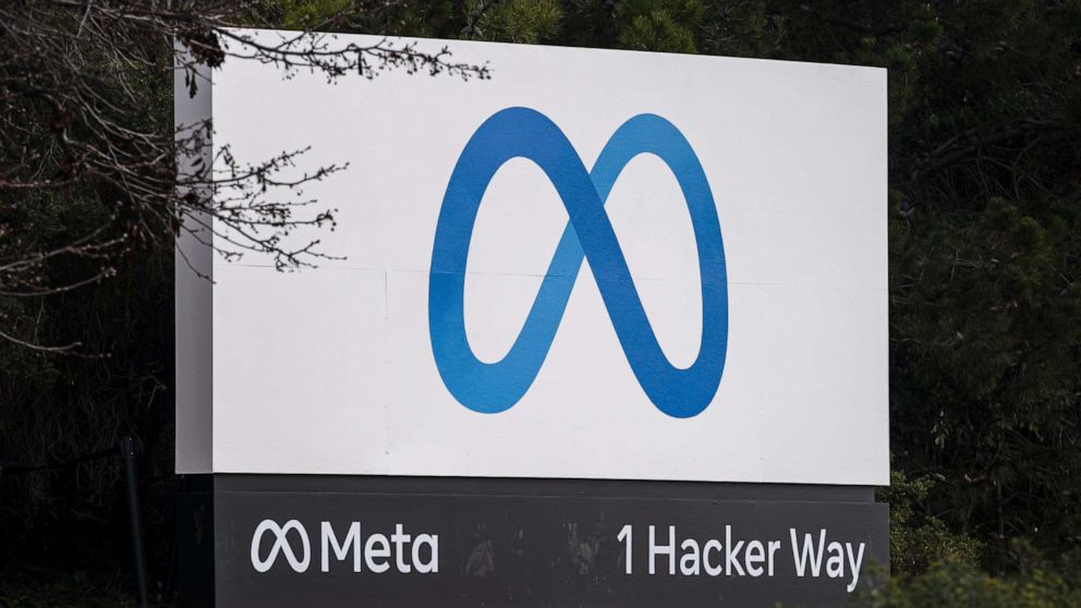 PHOTO: In this Jan. 31, 2022, file photo, signage is shown in front of Meta Platforms headquarters in Menlo Park, Calif.