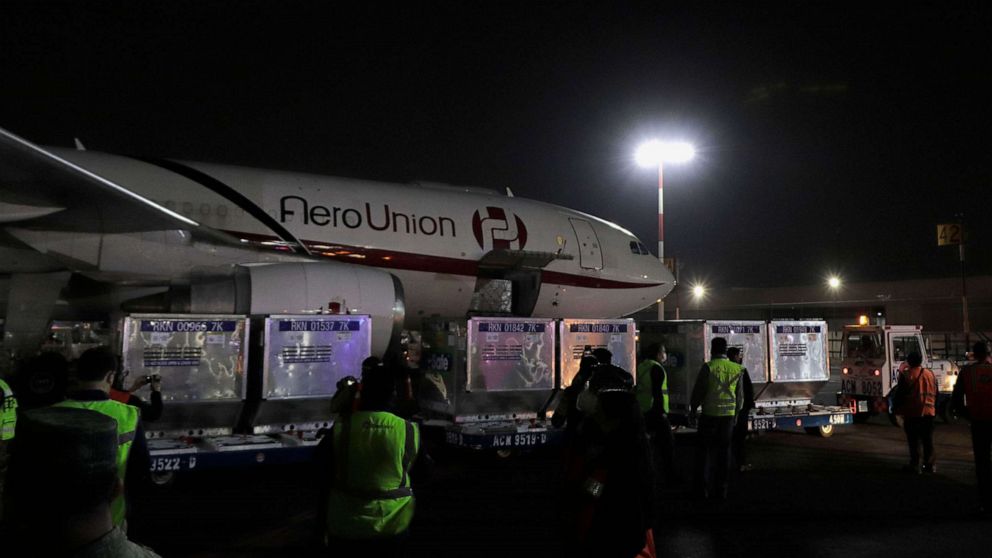 PHOTO:Workers at Mexico City's International Airport received an AeroUnion cargo airline plane from the United States with 1.5 million AstraZeneca vaccines against COVID-19, which will be used to immunize older adults, March 28, 2021, in Mexico City.