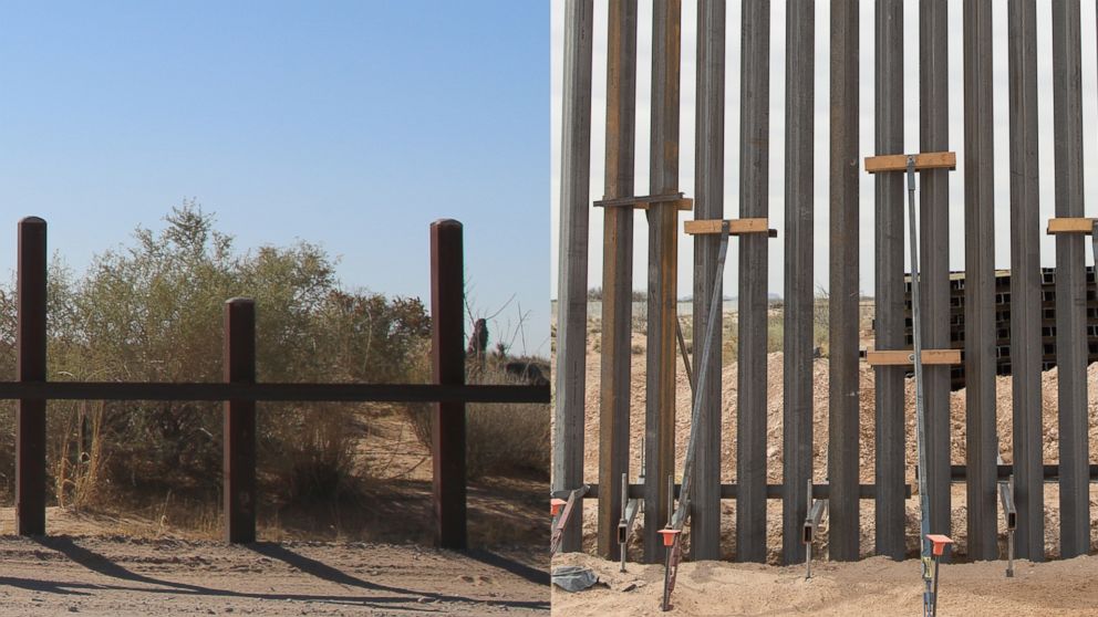 PHOTO: Two photos released by U.S. Customs and Border Protection shows a side-by-side comparison view of the existing vehicle barrier, left, a new wall construction mock-up, right, at the U.S.-Mexico border near Santa Teresa, N.M., April 7, 2018.