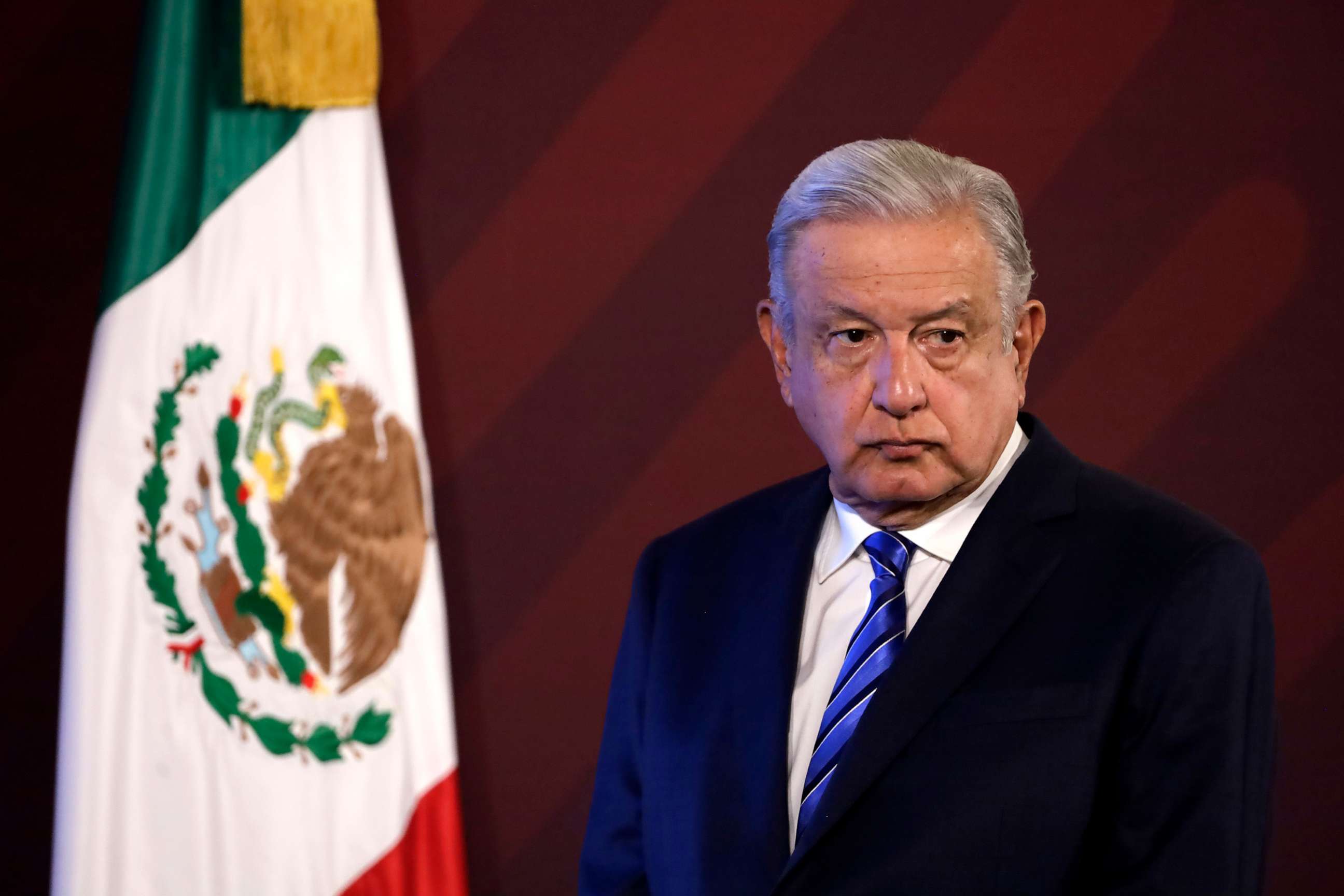 PHOTO: Mexican President Andres Manuel Lopez Obrador is shown at the daily morning press conference at the National Palace in Mexico City. on Feb. 20, 2023.