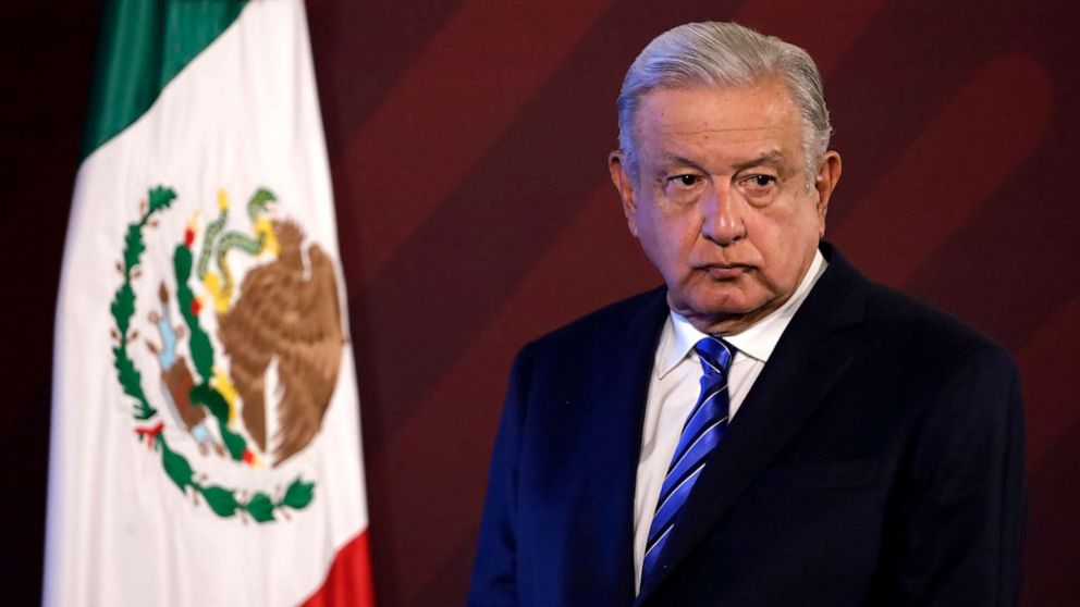 PHOTO: Mexican President Andres Manuel Lopez Obrador is shown at the daily morning press conference at the National Palace in Mexico City. on Feb. 20, 2023.