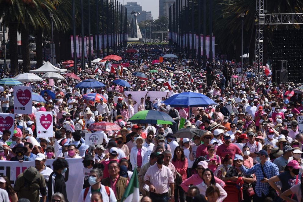 PHOTO: In this Nov. 13, 2022, file photo, thousands of people join a march from the Angel of Independence to the Monument to the Revolution to protest against Electoral Reform, in Mexico City.