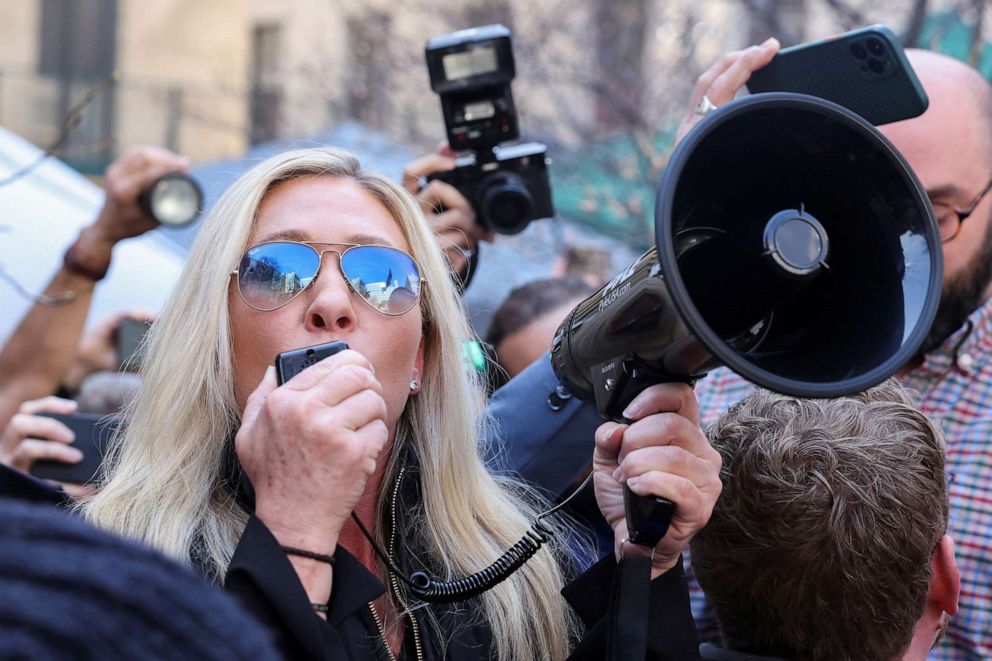 PHOTO: Rep. Marjorie Taylor Greene speaks outside Manhattan Criminal Courthouse on the day of former President Donald Trump's planned court appearance after his indictment by a Manhattan grand jury, in New York City, April 4, 2023.