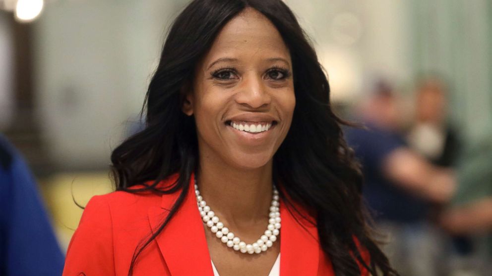 Republican Rep. Mia Love greets supporters during an election night party, in Lehi, Utah, Nov. 6, 2018.