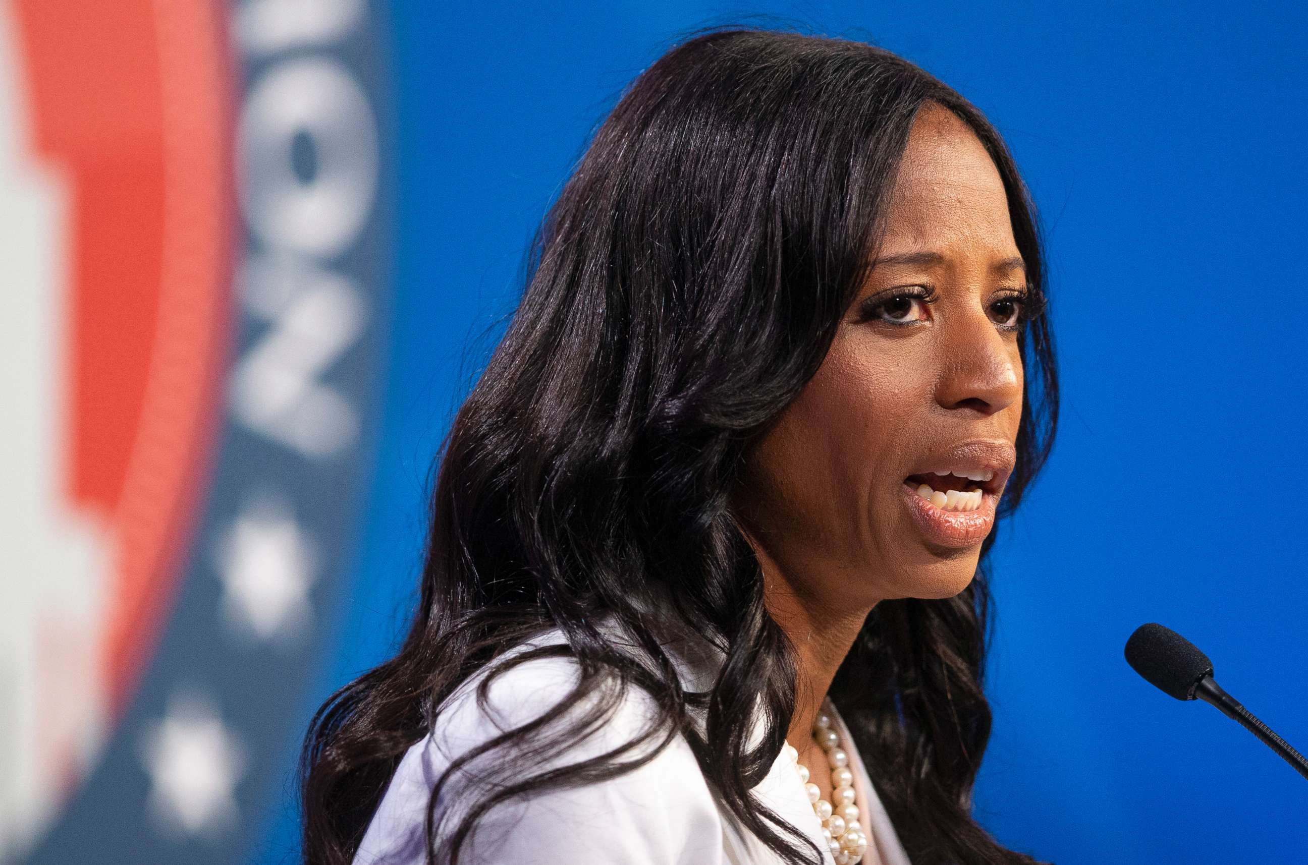PHOTO: Rep. Mia Love answers a question as she and Salt Lake County Mayor Ben McAdams participate in a debate in Sandy, Utah, Oct. 15, 2018.