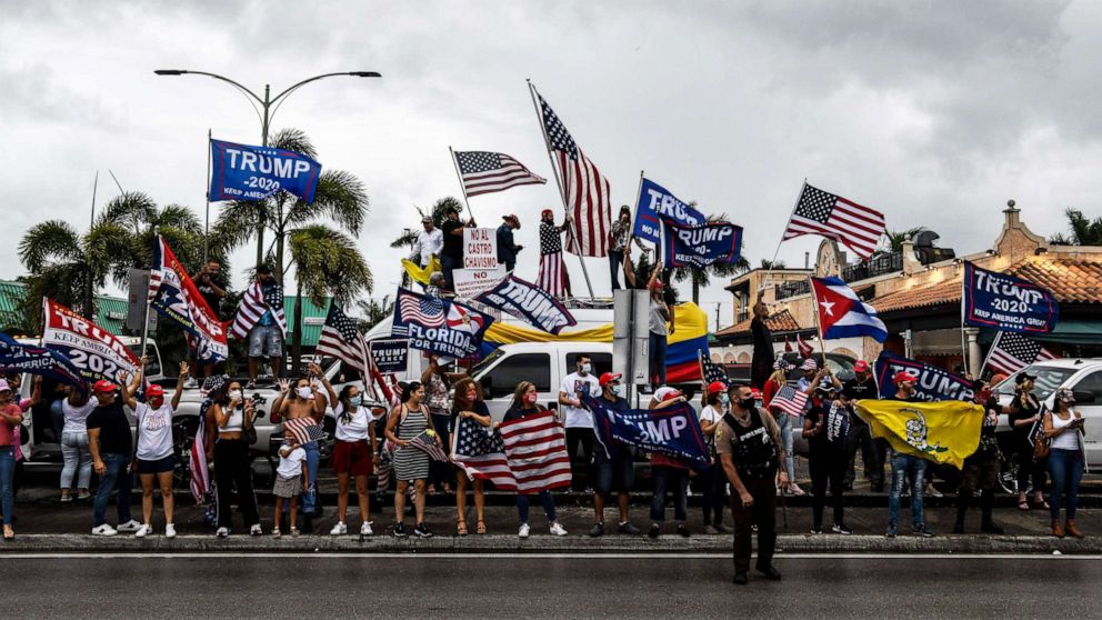 PHOTO: Supporters of President Donald Trump hold signs and flags during a protest in Miami on Nov. 7, 2020, after Joe Biden was declared the President-elect by multiple media organizations.