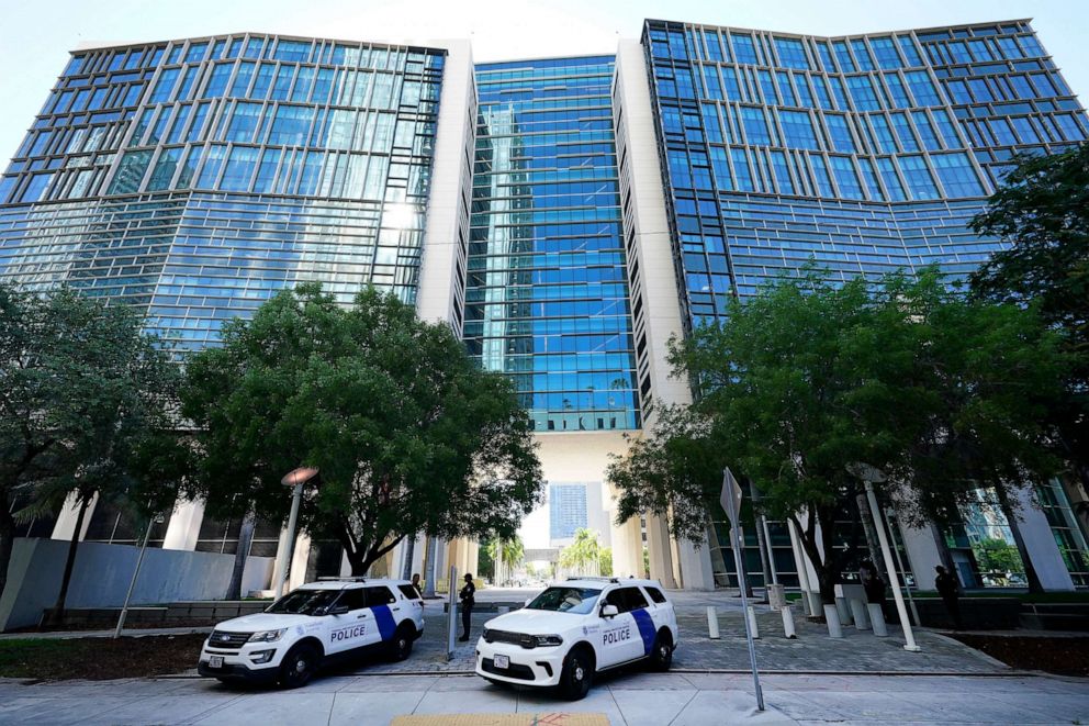 PHOTO: Federal Protective Service Police cars line the sidewalk outside the Wilkie D. Ferguson Jr. U.S. Courthouse, June 12, 2023, in Miami.