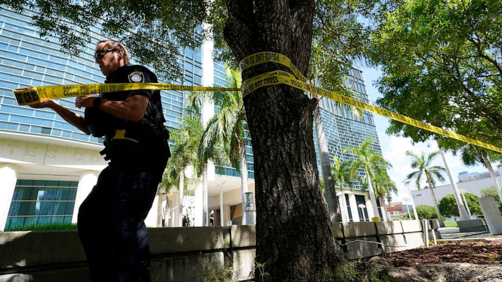 PHOTO: A Federal Protective Service Police officer cordons off an area outside the Wilkie D. Ferguson Jr. U.S. Courthouse, June 12, 2023, in Miami.