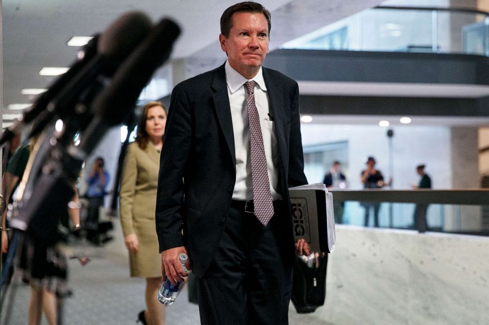 PHOTO: National intelligence inspector general Michael Atkinson leaves a closed intelligence briefing, Sept. 26, 2019, on Capitol Hill in Washington.