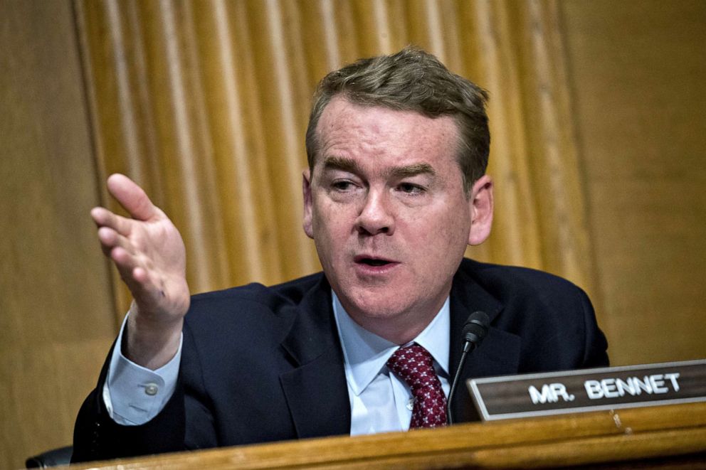 PHOTO: Senator Michael Bennet, a Democrat from Colorado, questions Wilbur Ross, U.S. commerce secretary, not pictured, during a Senate Finance Committee hearing on current and proposed tariff actions in Washington, D.C., June 20, 2018.