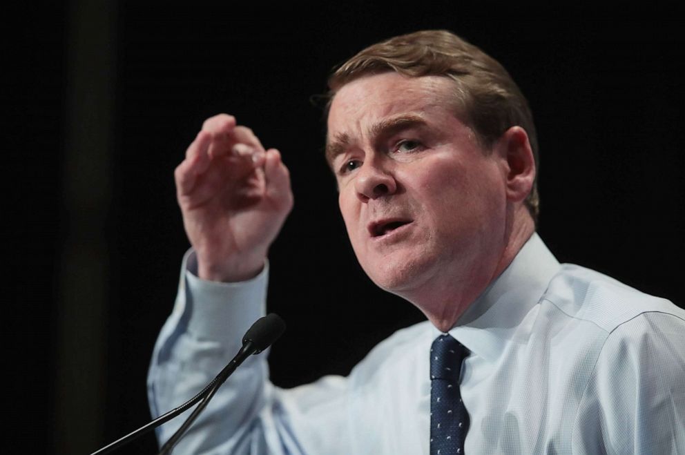 PHOTO: Democratic presidential candidate and Colorado Senator Michael Bennet speaks at the Iowa Democratic Party's Hall of Fame Dinner on June 9, 2019, in Cedar Rapids, Iowa.
