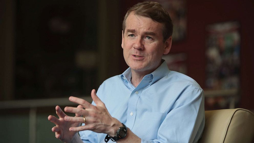 PHOTO: Michael Bennet speaks during a campaign stop on May 18, 2019 in Sioux City, Iowa. 